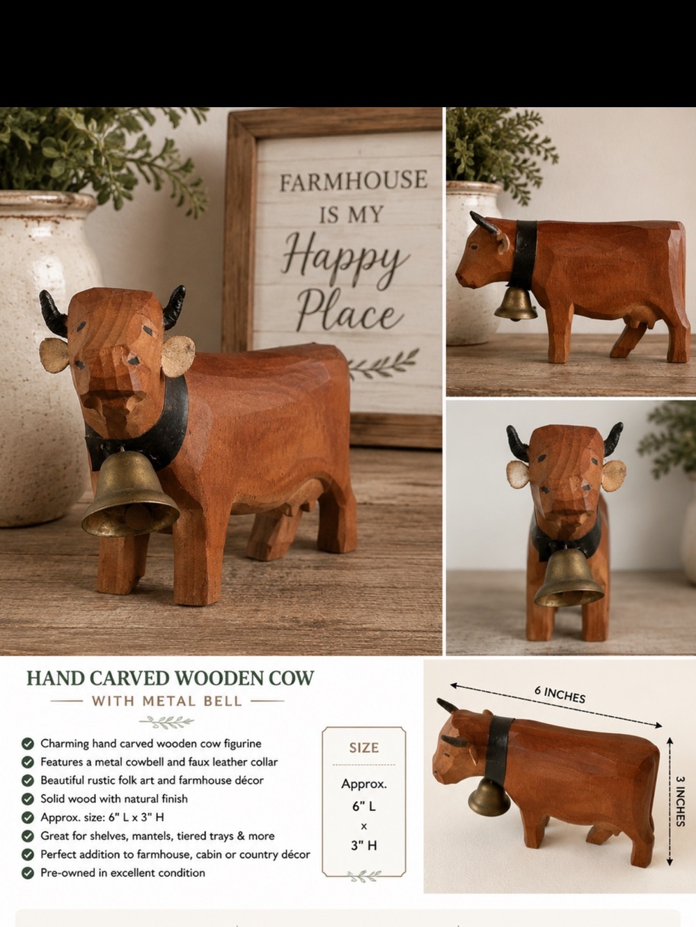 Hand carved wooden cow with a metal bell
